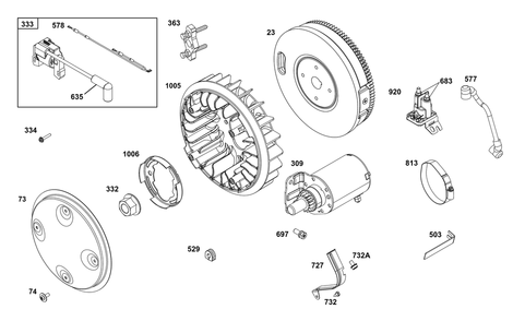 Flywheel, Ignition, And Starter Group Diagram and Parts List for 386447-0435-B5 200000 - 399999 Briggs and Stratton Engine